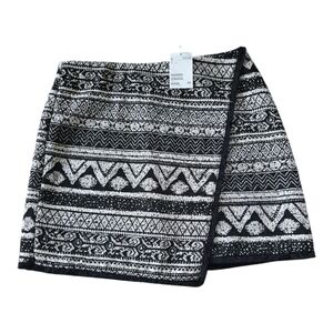 H&M Wrap Skirt Women Sz 8 Black White Paisley Fringe Short Tweed New